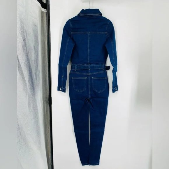 Blue Denim Jeans Long Sleeve Belted Bodycon Jumpsuit Playsuit - Picture 16 of 17